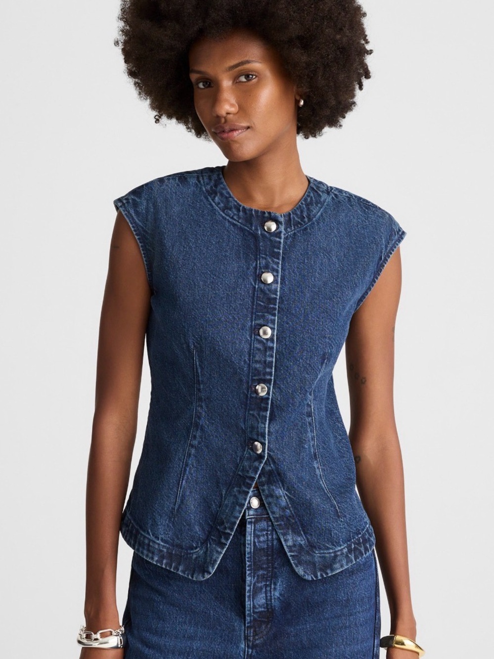 Madewell Dark Blue Denim Button-Front Cap Sleeve Vest